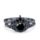 Two Piece Art Deco Wedding Ring Black Marquise Round Black Tone, Simulated Black CZ 925 Sterling Silver