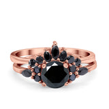 Two Piece Art Deco Wedding Ring Black Marquise Round Rose Tone, Simulated Black CZ 925 Sterling Silver