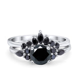 Two Piece Art Deco Wedding Ring Black Marquise Round Simulated Black CZ 925 Sterling Silver