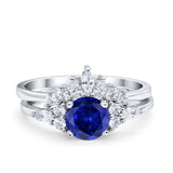 Two Piece Wedding Ring Round Simulated Blue Sapphire CZ 925 Sterling Silver