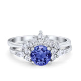 Two Piece Wedding Ring Round Simulated Tanzanite CZ 925 Sterling Silver
