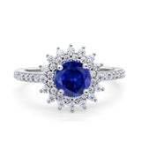 Halo Starburst Flower Wedding Ring Simulated Blue Sapphire CZ 925 Sterling Silver