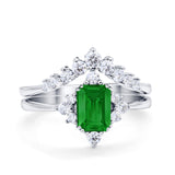 Vintage Two Piece Wedding Ring Simulated Green Emerald CZ 925 Sterling Silver