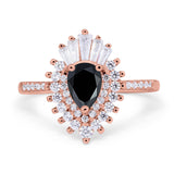 Art Deco Teardrop Pear Wedding Ring Rose Tone, Simulated Black CZ 925 Sterling Silver