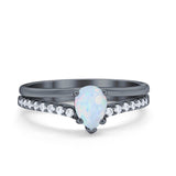Teardrop Wedding Ring Black Tone, Lab Created White Opal Accent 925 Sterling Silver
