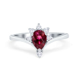 Teardrop V Chevron Engagement Ring Simulated Ruby CZ 925 Sterling Silver