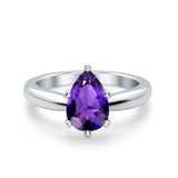 Solitaire Teardrop Simulated Amethyst CZ Wedding Ring 925 Sterling Silver Center Stone-(8mmx6mm)