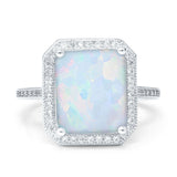 Halo Emerald Cut Engagement Ring Lab Created White Opal 925 Sterling Silver
