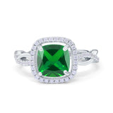 Infinity Shank Cushion Engagement Ring Simulated Green Emerald CZ 925 Sterling Silver