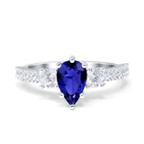 Teardrop Pear Art Deco Three Stone Accent Engagement Ring Round Simulated Blue Sapphire CZ 925 Sterling Silver