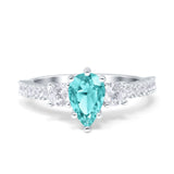 Teardrop Pear Art Deco Three Stone Accent Engagement Ring Round Simulated Paraiba Tourmaline CZ 925 Sterling Silver