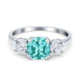 Cushion Three Stone Engagement Ring Simulated Paraiba Tourmaline CZ 925 Sterling Silver