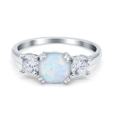 Cushion Three Stone Engagement Ring Lab Created White Opal 925 Sterling Silver