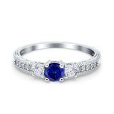 Three Stone Engagement Ring Round Simulated Blue Sapphire CZ 925 Sterling Silver