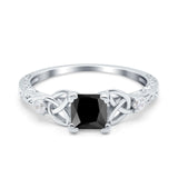 Cushion Celtic Art Deco Engagement Ring Simulated Black CZ 925 Sterling Silver