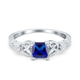 Cushion Celtic Art Deco Engagement Ring Simulated Blue Sapphire CZ 925 Sterling Silver
