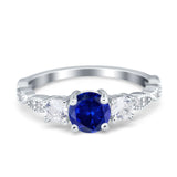 Art Deco Vintage Engagement Ring Round Simulated Blue Sapphire CZ 925 Sterling Silver