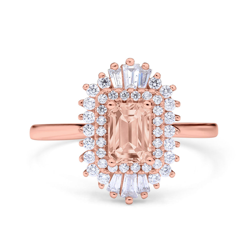 Simulated Morganite Rings Emerald Cut Vintage Wedding Ring Rose Tone, Simulated Morganite CZ 925