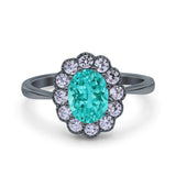 Vintage Floral Engagement Ring Oval Black Tone, Simulated Paraiba Tourmaline CZ 925 Sterling Silver