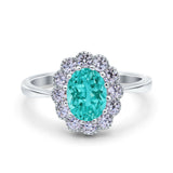Vintage Floral Engagement Ring Oval Simulated Paraiba Tourmaline CZ 925 Sterling Silver