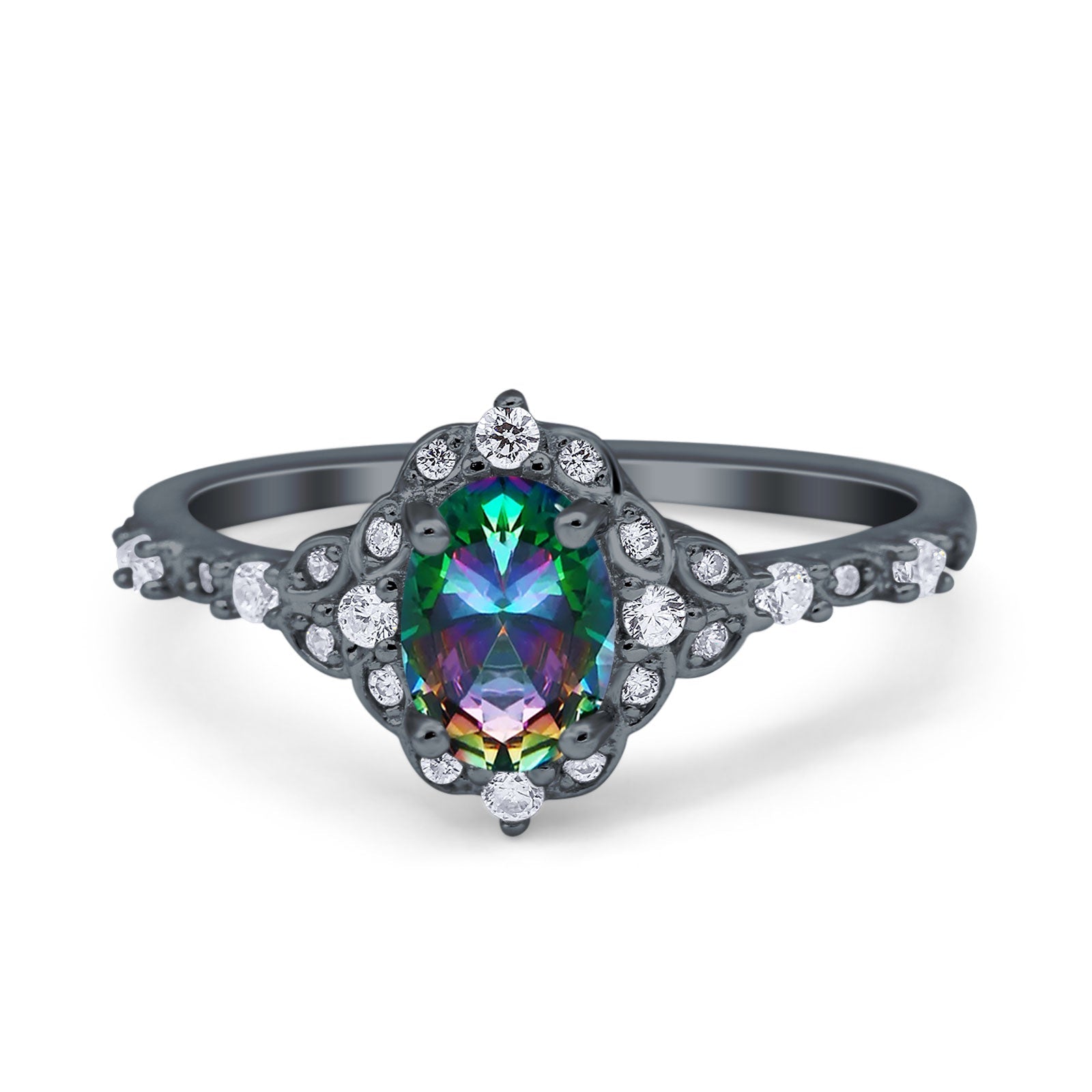 Oval Engagement Ring Accent Vintage Black Tone, Simulated Rainbow CZ 925 Sterling Silver