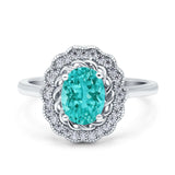 Art Deco Wedding Ring Oval Cut Solid Simulated Paraiba Tourmaline CZ 925 Sterling Silver