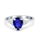 Teardrop Pear Art Deco Engagement Wedding Bridal Ring Round Simulated Blue Sapphire CZ 925 Sterling Silver