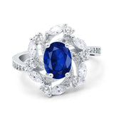 Oval Vintage Art Deco Engagement Ring Simulated Blue Sapphire CZ 925 Sterling Silver