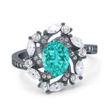 Oval Vintage Art Deco Engagement Ring Black Tone, Simulated Paraiba Tourmaline CZ 925 Sterling Silver