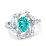 Oval Vintage Art Deco Engagement Ring Simulated Paraiba Tourmaline CZ 925 Sterling Silver