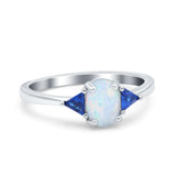 Vintage Oval Wedding Ring Triangle Blue Sapphire Lab Created White Opal 925 Sterling Silver