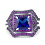 Three Piece Art Deco Princess Cut Wedding Ring Amethyst Simulated Blue Sapphire CZ 925 Sterling Silver