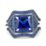 Three Piece Flower Princess Cut Wedding Ring Simulated Blue Sapphire CZ 925 Sterling Silver