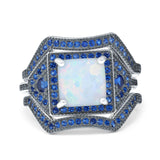 Three Piece Flower Princess Cut Wedding Ring Blue Sapphire Lab Created White Opal 925 Sterling Silver