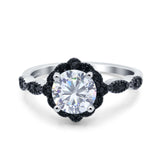 Flower Art Deco Wedding Ring Round Black Simulated Cubic Zirconia 925 Sterling Silver