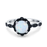Flower Art Deco Wedding Ring Round Black Lab Created White Opal 925 Sterling Silver
