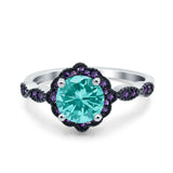 Flower Art Deco Engagement Ring Round Amethyst Simulated Paraiba Tourmaline CZ 925 Sterling Silver