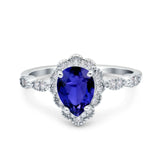 Teardrop Pear Art Deco Wedding Bridal Engagement Ring Round Simulated Blue Sapphire CZ 925 Sterling Silver