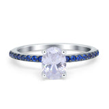 Oval Art Deco Engagement Ring Side Stone Sapphire Simulated Cubic Zirconia 925 Sterling Silver