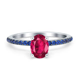 Oval Art Deco Engagement Ring Side Stone Sapphire Simulated Ruby CZ 925 Sterling Silver