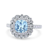 Vintage Style Solitaire Accent Cushion Wedding Ring Simulated Aquamarine CZ 925 Sterling Silver