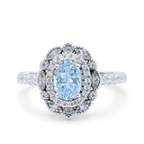 Halo Vintage Style Solitaire Accent Oval Wedding Ring Simulated Aquamarine CZ 925 Sterling Silver
