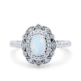 Halo Vintage Style Solitaire Accent Oval Wedding Ring Lab Created White Opal 925 Sterling Silver
