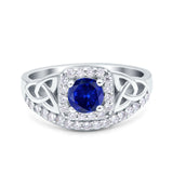 Celtic Art Deco Wedding Ring Round Simulated Blue Sapphire CZ 925 Sterling Silver