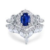 Wedding Band Bridal Ring Oval Accent Vintage Simulated Blue Sapphire CZ 925 Sterling Silver