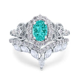 Wedding Band Bridal Ring Oval Accent Vintage Simulated Paraiba Tourmaline CZ 925 Sterling Silver