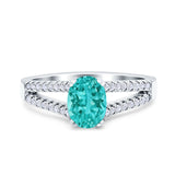 Split Shank Halo Oval Wedding Ring Simulated Paraiba Tourmaline CZ 925 Sterling Silver