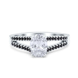 Split Shank Halo Oval Wedding Ring Black Simulated Cubic Zirconia 925 Sterling Silver