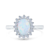 Halo Art Deco Oval Wedding Ring Lab Created White Opal 925 Sterling Silver