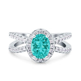 Art Deco Oval Engagement Ring Simulated Paraiba Tourmaline CZ 925 Sterling Silver